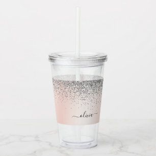 Rose Gold - Blush Pink Silver Glitter Monogram Acrylic Tumbler