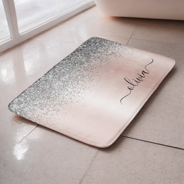 Rose Gold - Blush Pink Silver Glitter Monogram Bath Mat (Creator Uploaded)