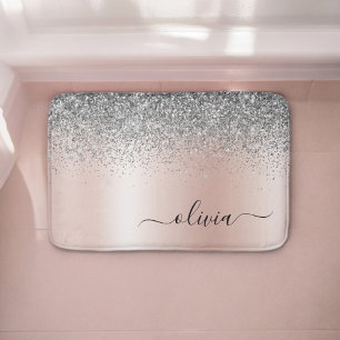 Rose Gold - Blush Pink Silver Glitter Monogram Bath Mat
