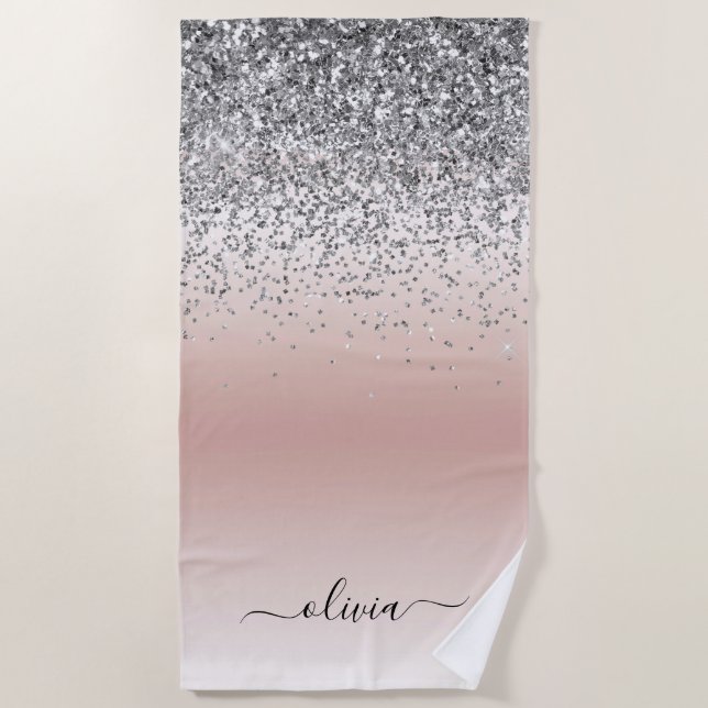Rose Gold - Blush Pink Silver Glitter Monogram Beach Towel (Front)