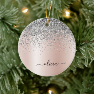 Rose Gold - Blush Pink Silver Glitter Monogram Ceramic Ornament