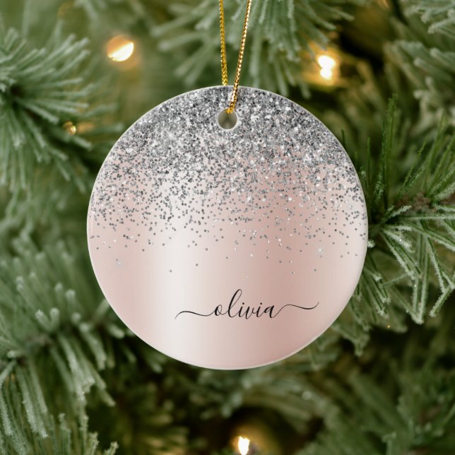 Rose Gold - Blush Pink Silver Glitter Monogram Ceramic Ornament (Tree)