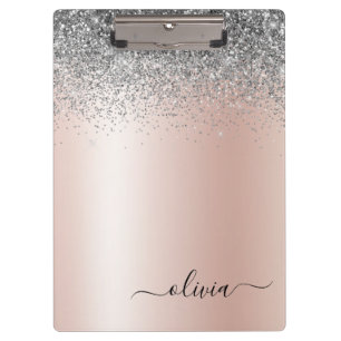 Rose Gold - Blush Pink Silver Glitter Monogram Clipboard
