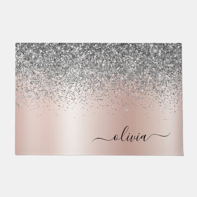 Rose Gold - Blush Pink Silver Glitter Monogram Doormat (Front)