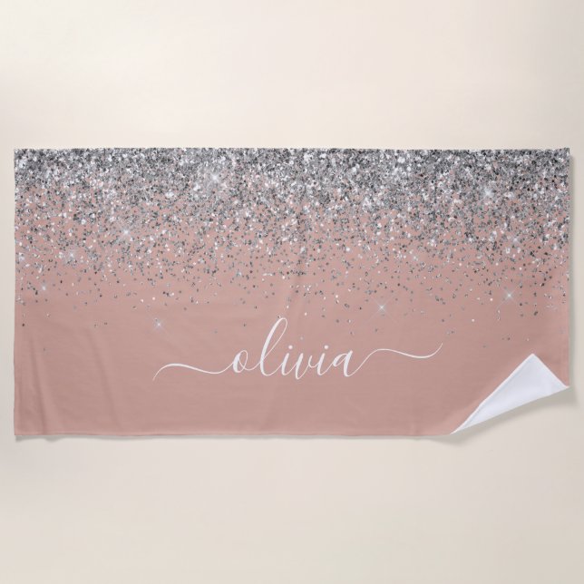 Rose Gold Blush Pink Silver Glitter Monogram Girly Beach Towel (Front)