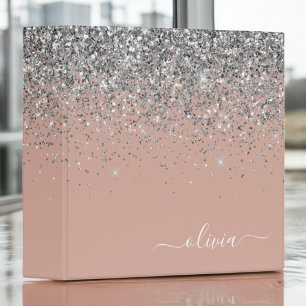 Rose Gold Blush Pink Silver Glitter Monogram Girly Binder