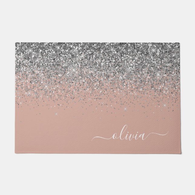 Rose Gold Blush Pink Silver Glitter Monogram Girly Doormat (Front)