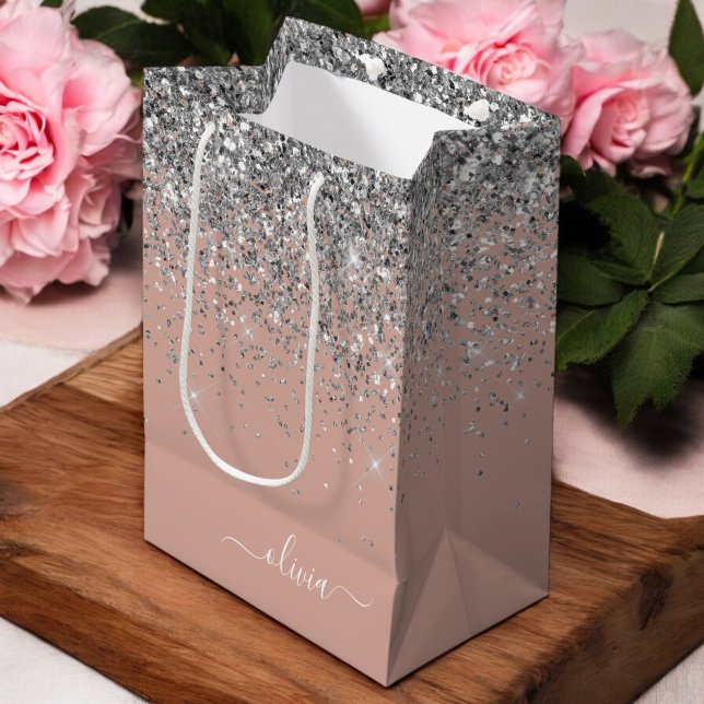 Rose Gold Blush Pink Silver Glitter Monogram Girly Medium Gift Bag (Creator Uploaded)