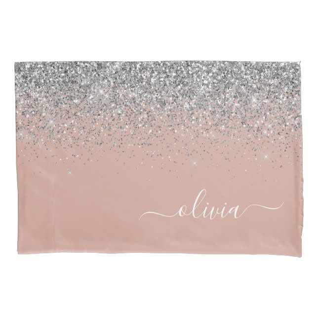 Rose Gold Blush Pink Silver Glitter Monogram Girly Pillowcase (Front)