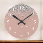 Rose Gold Blush Pink Silver Glitter Monogram Girly Round Clock<br><div class="desc">Rose Gold Blush Pink and Silver Sparkle Glitter Brushed Script Monogram Name Clock. This makes the perfect sweet 16 birthday,  wedding,  bridal shower,  anniversary,  baby shower or bachelorette party gift for someone that loves glam luxury and chic styles.</div>