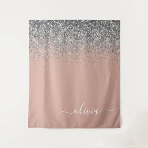 Rose Gold Blush Pink Silver Glitter Monogram Girly Tapestry