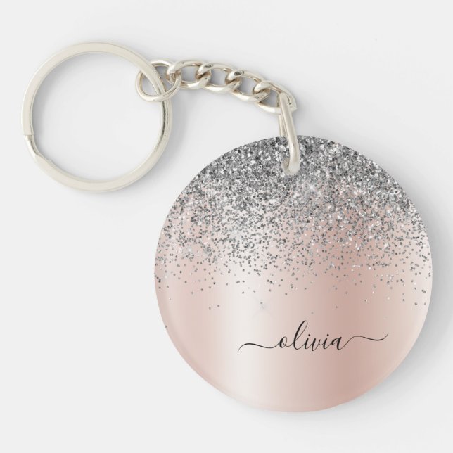 Rose Gold - Blush Pink Silver Glitter Monogram Keychain (Front)
