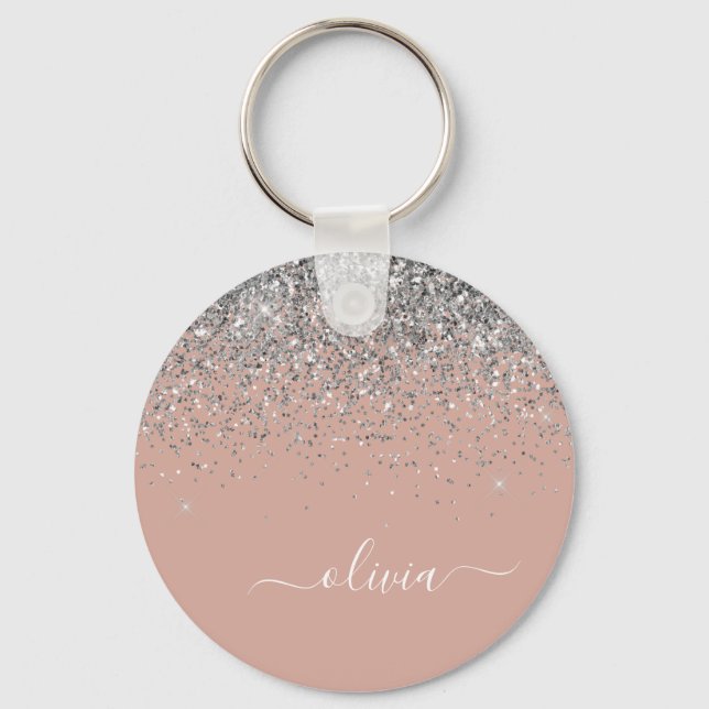Rose Gold Blush Pink Silver Glitter Monogram Keychain (Front)