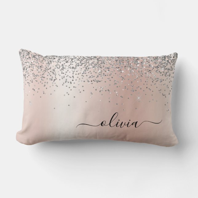 Rose Gold - Blush Pink Silver Glitter Monogram Lumbar Pillow (Front)