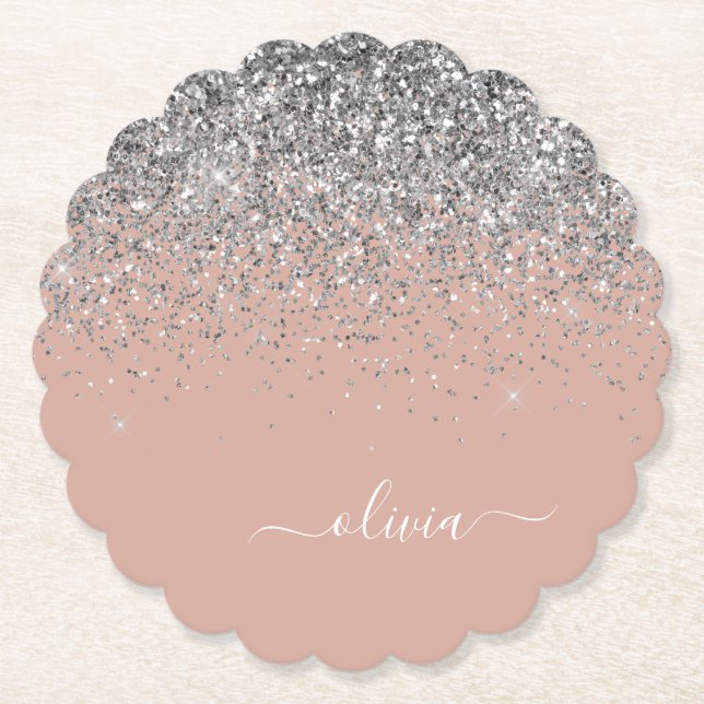 Rose Gold Blush Pink Silver Glitter Monogram Paper Coaster (Front)
