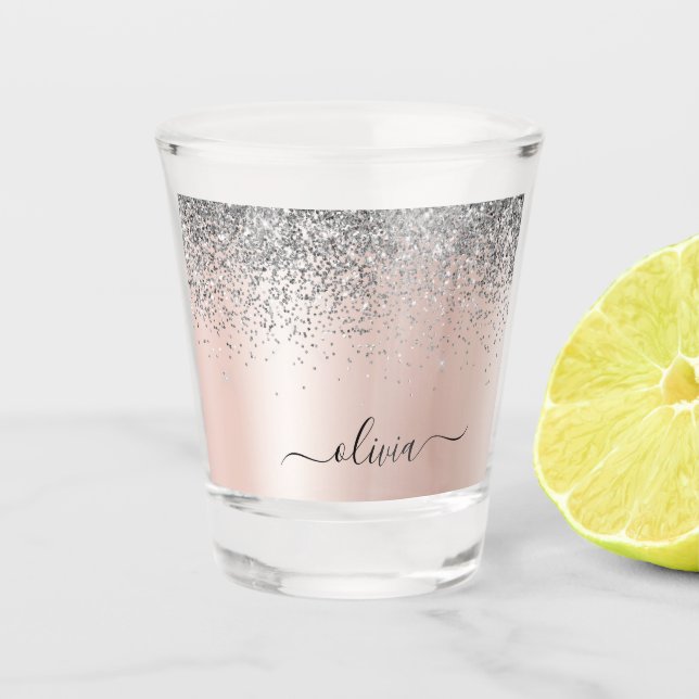 Rose Gold - Blush Pink Silver Glitter Monogram Shot Glass (Front)