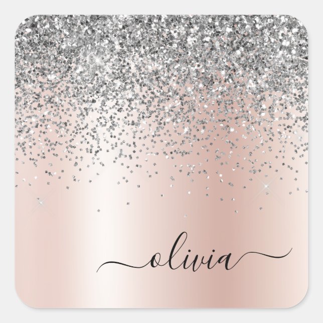 Rose Gold - Blush Pink Silver Glitter Monogram Square Sticker (Front)