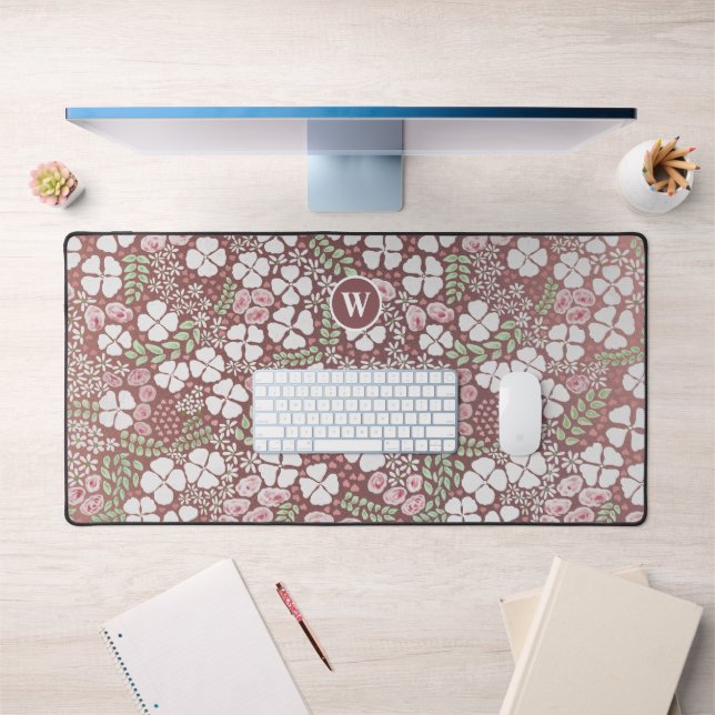 Rose Gold Blush Pink Small Roses White Flowers Desk Mat (Office 1)