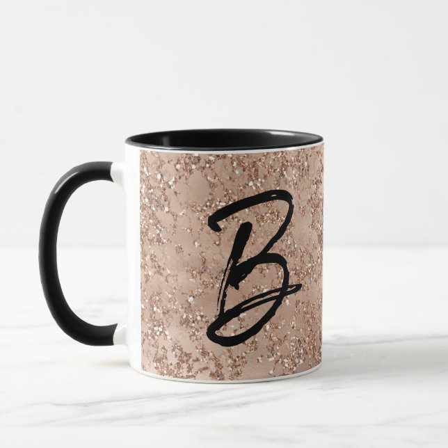 Rose Gold Blush Pink Sparkle Crackle Monogrammed Mug (Left)