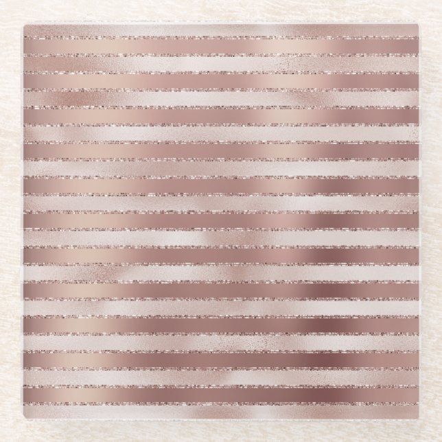 Rose Gold Blush Pink Stripes Glitz Glass Coaster (Front)