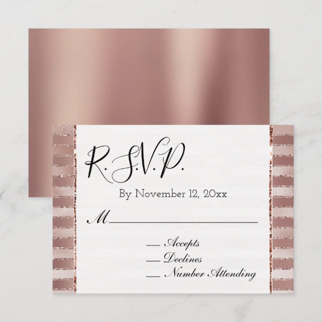 Rose Gold Blush Pink Stripes Glitz Wedding RSVP Enclosure Card (Front/Back)