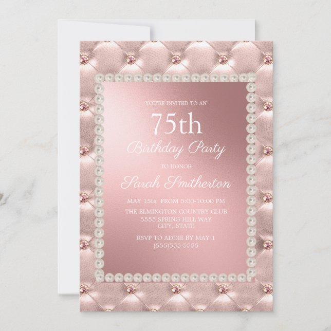 Rose Gold Blush Pink White 75th Birthday Party Invitation (Front)