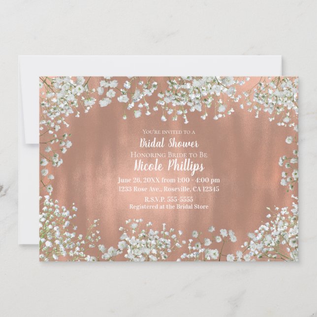 Rose Gold Blush Pink White Baby's Breath Bridal Invitation (Front)