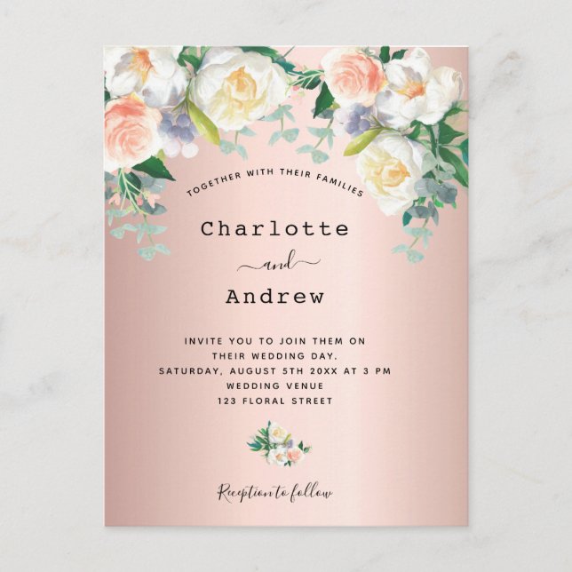 Rose gold blush pink white florals wedding postcard (Front)