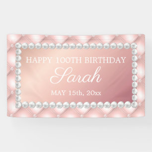 Rose Gold Blush Pink White Pearls 100th Birthday Banner