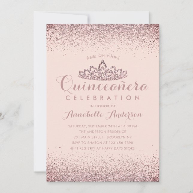 Rose Gold Blush Quinceañera Gold Tiara Glitter Invitation (Front)