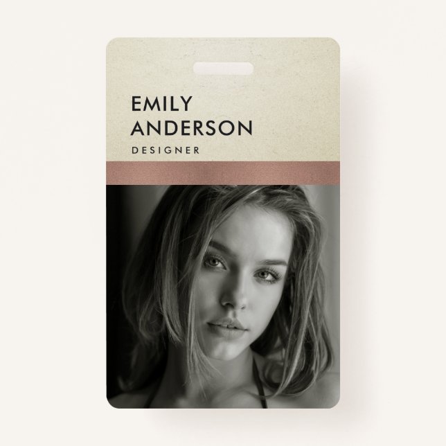 ROSE GOLD BLUSH SILVER EMPLOYEE PHOTO BARCODE NAME BADGE (Front)