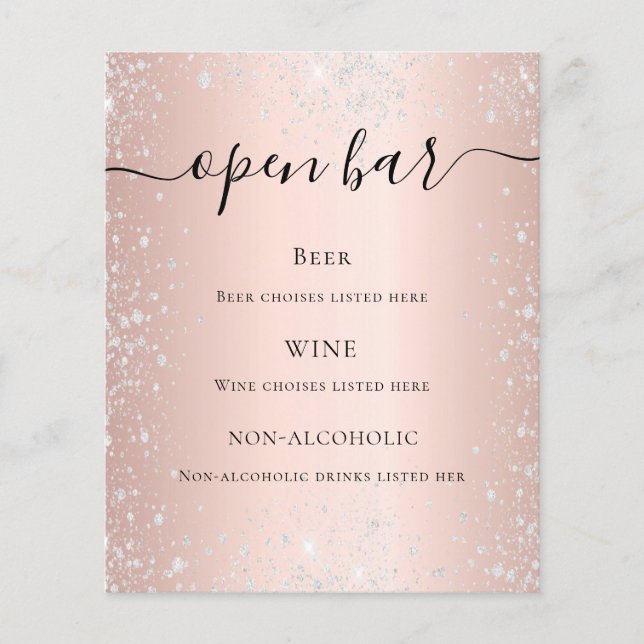 Rose gold blush silver glitter budget bar menu  (Front)