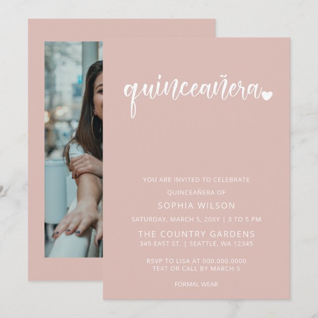 Rose Gold Blush Simple Script Quinceanera Photo  Invitation (Front/Back)