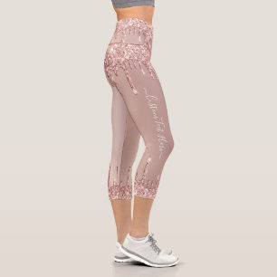 Rose Gold Blush Sparcle Drips Text Capri Leggings
