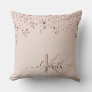 Rose Gold Blush Stars Monogram Name Throw Pillow