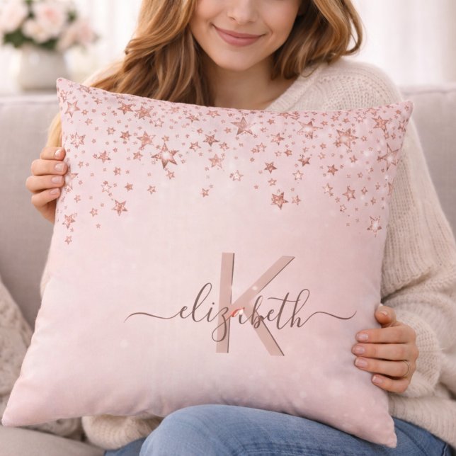Rose Gold Blush Stars Monogram Name Throw Pillow (Creator Uploaded)