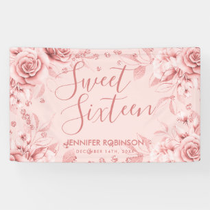 Rose Gold Blush Sweet 16 Glitter Confetti Floral Banner