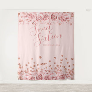 Rose Gold Blush Sweet 16 Glitter Confetti Floral Tapestry