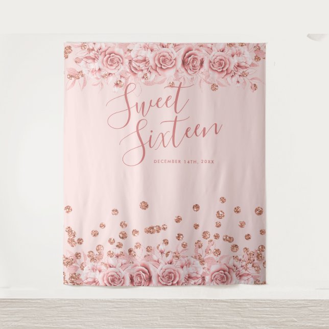 Rose Gold Blush Sweet 16 Glitter Confetti Floral Tapestry (Front)
