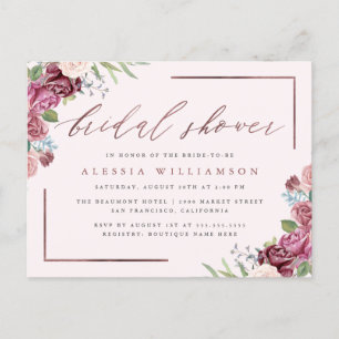 Rose Gold Blush Watercolor Floral Bridal Shower Invitation Postcard