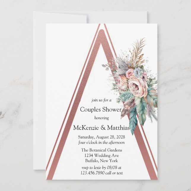 Rose Gold Boho Floral Feather Couples Shower Invitation (Front)