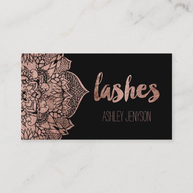 Rose gold boho floral mandala lashes typography business card (Front)