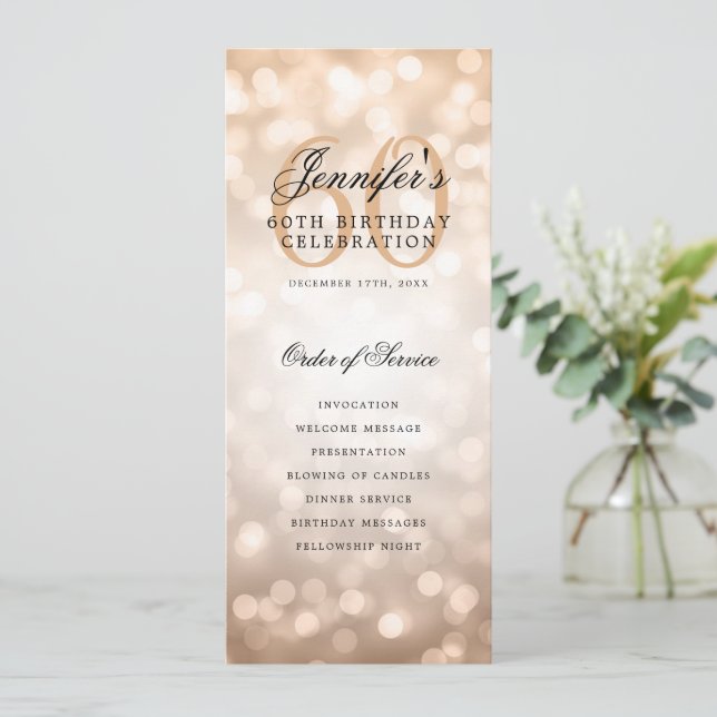 Rose Gold Bokeh 60th Birthday Program w/ Menu (Standing Front)