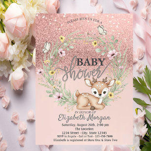 Rose Gold Bokeh,Baby Deer Flowers Baby Shower Invitation