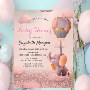 Rose Gold Bokeh,Baby Elephant Balloon Baby Shower  Invitation
