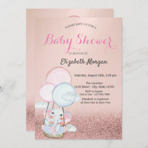Rose Gold Bokeh,Elephant Air Balloon Baby Shower Invitation