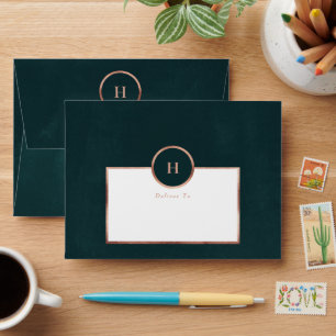 Rose Gold Border & Emerald Monogram Wreath Wedding Envelope