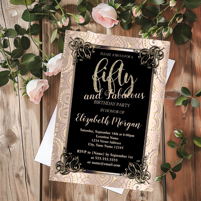 Rose Gold Border Gold Mandala 50th Birthday Party Invitation (Creator Uploaded)