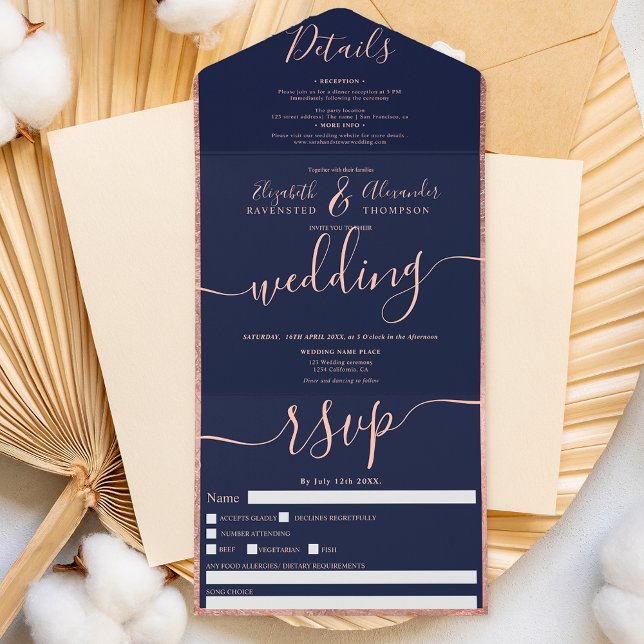 Rose gold border navy blue script wedding  all in one invitation (Creator Uploaded)
