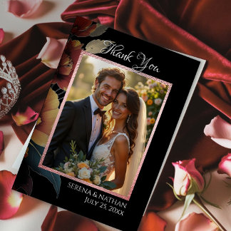 Rose Gold Border Wedding Photo Thank You Card